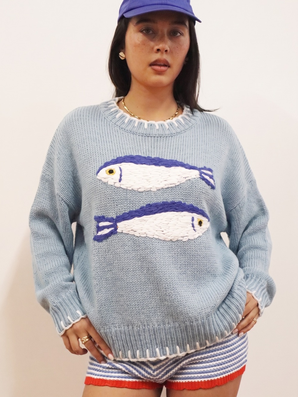 These Three Bailey Rose Knitted Fish Sweater Powder Blue S
